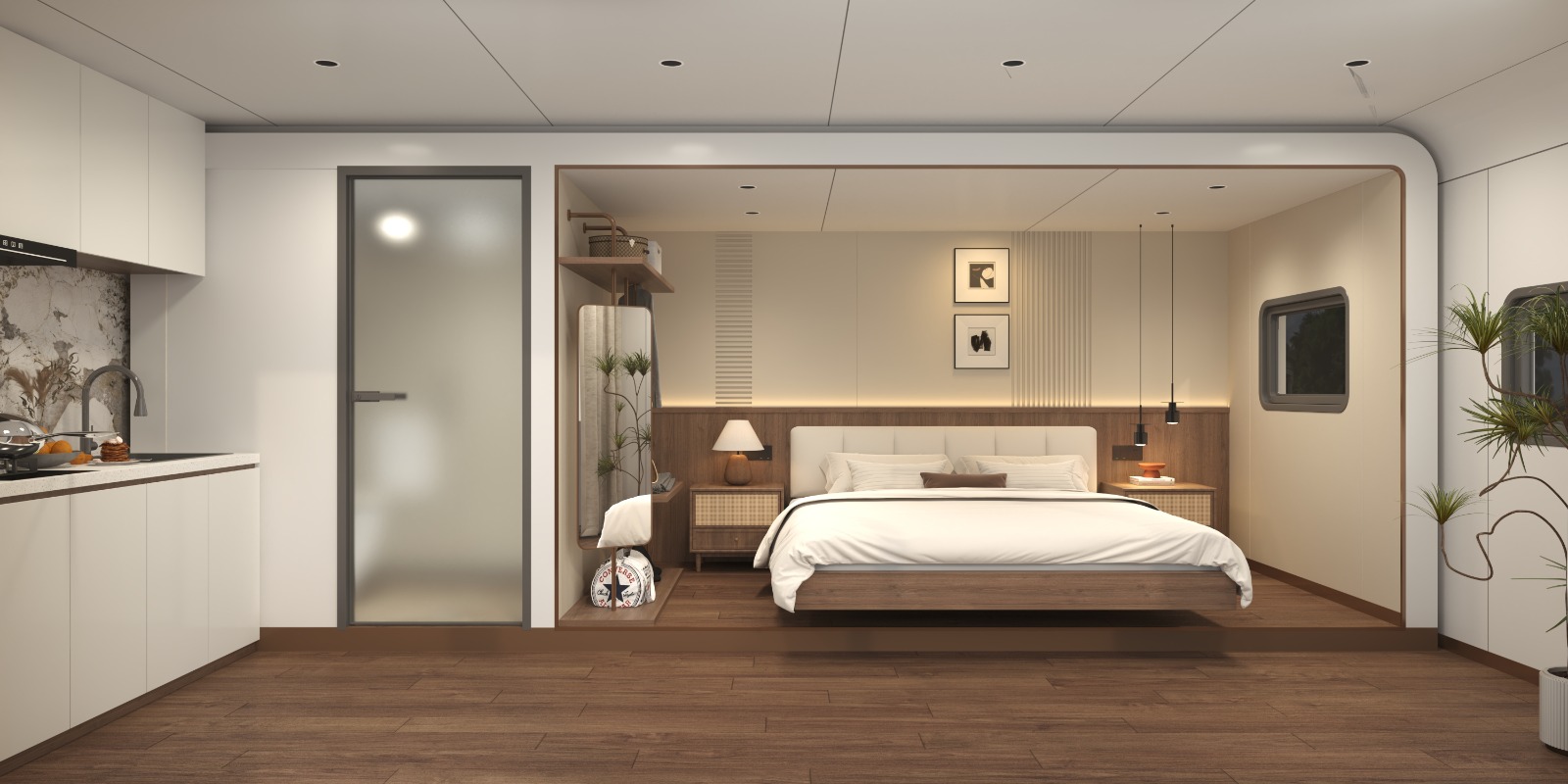 MODUHAUS interior with bedroom and kitchen
