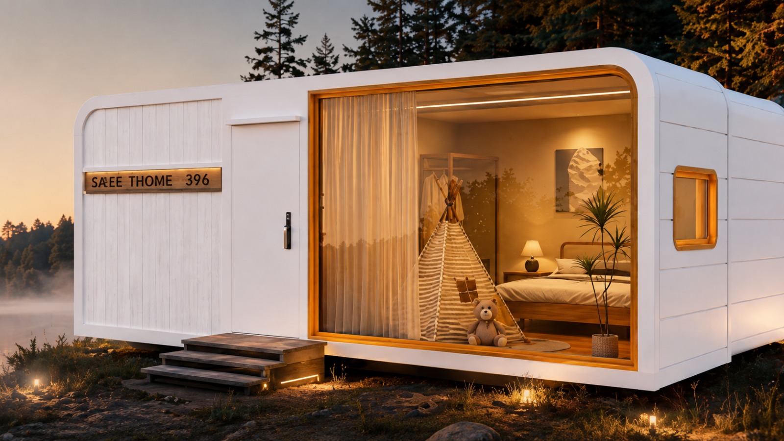 White MODUHAUS unit at dusk