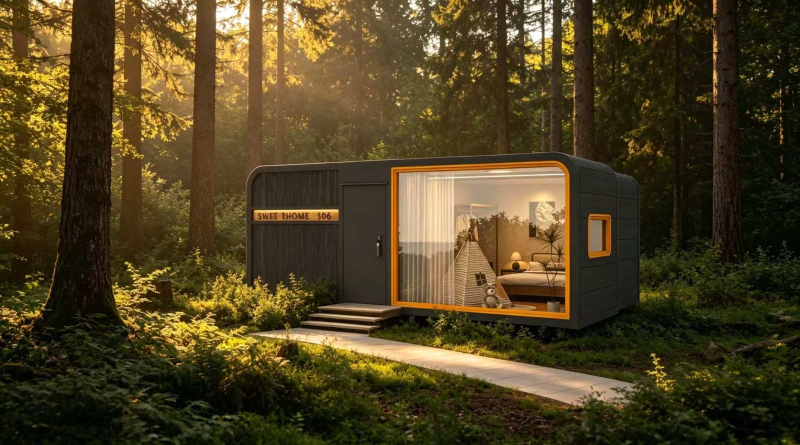 Charcoal MODUHAUS unit installed in a forest clearing